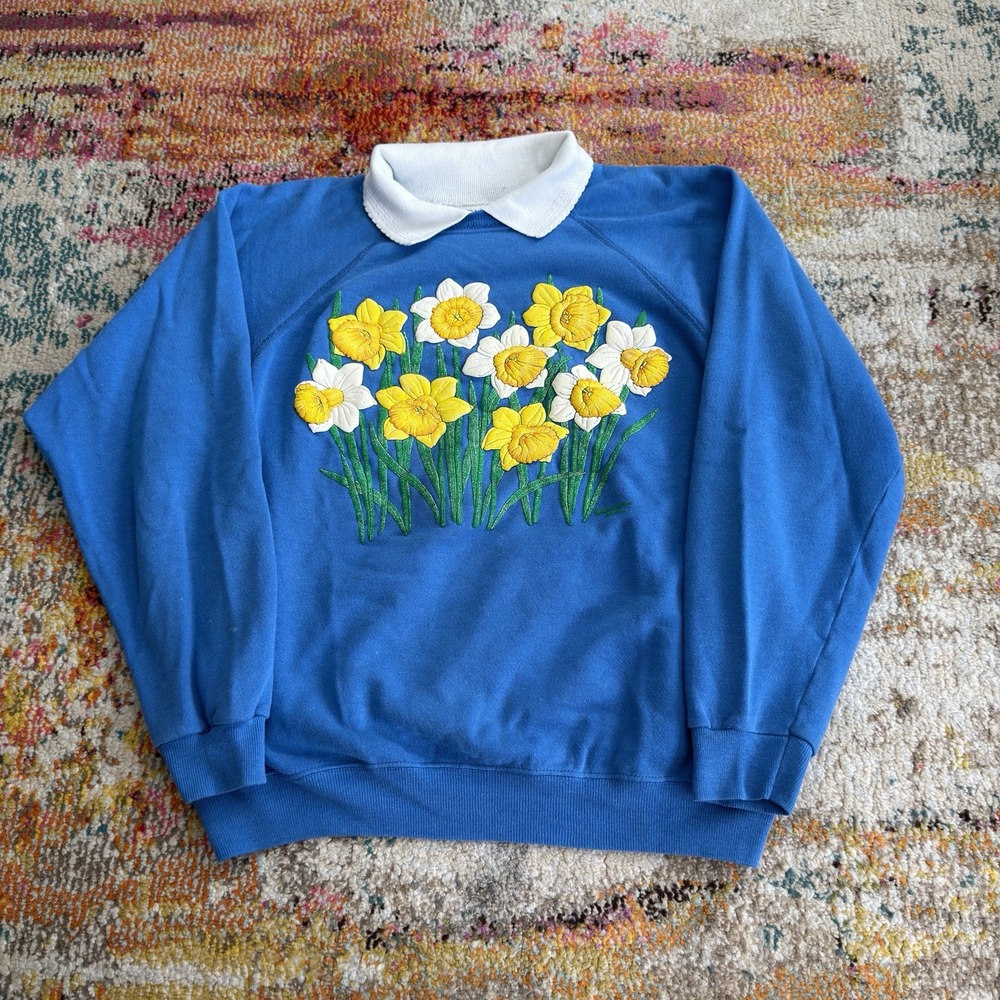 Vintage 90s Morning Sun Floral Daffodil Collared Sweatshirt Blue XL USA